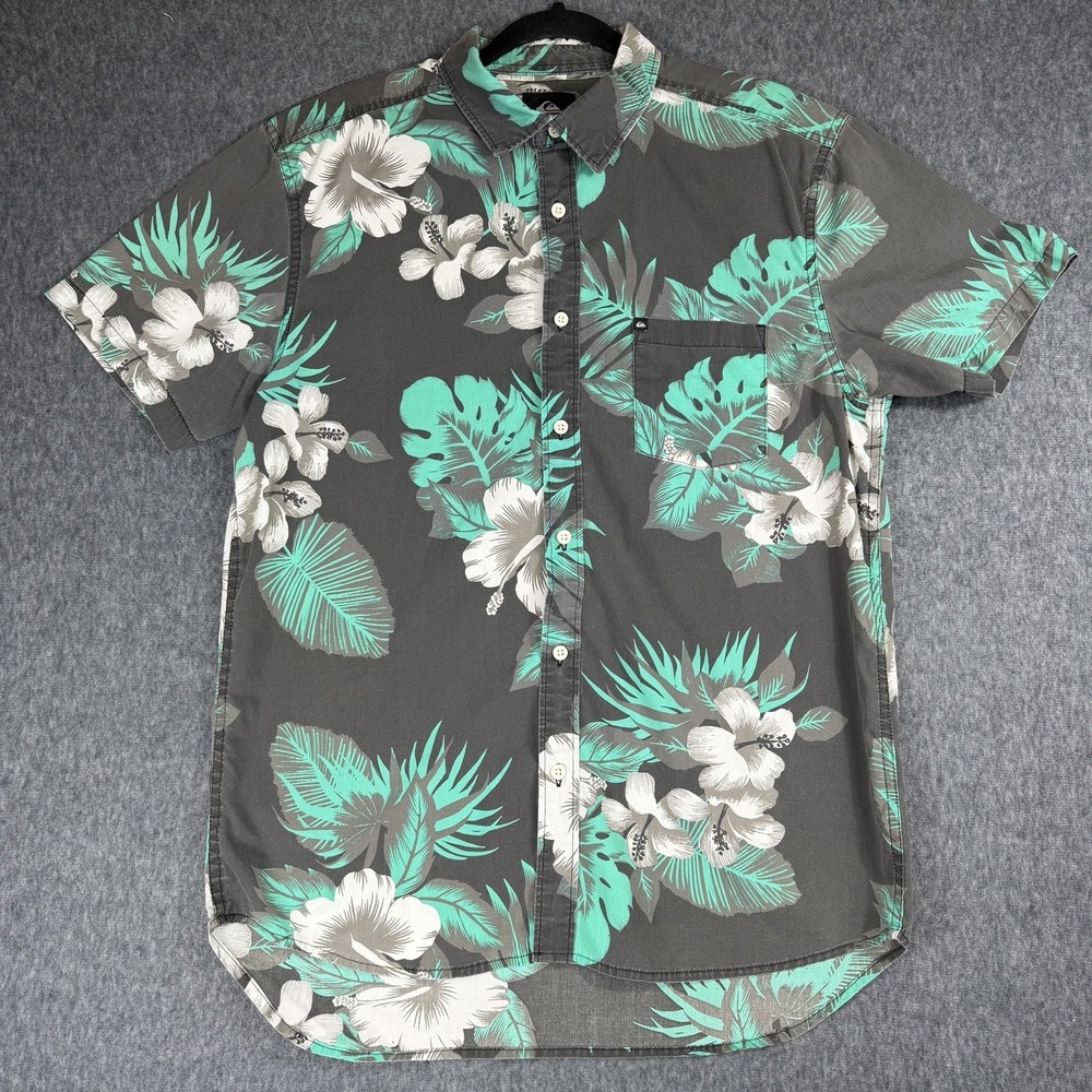 Vintage Quiksilver Shirt Mens L Grey Teal Floral Hawaiian Aloha Skate Surf Y2K